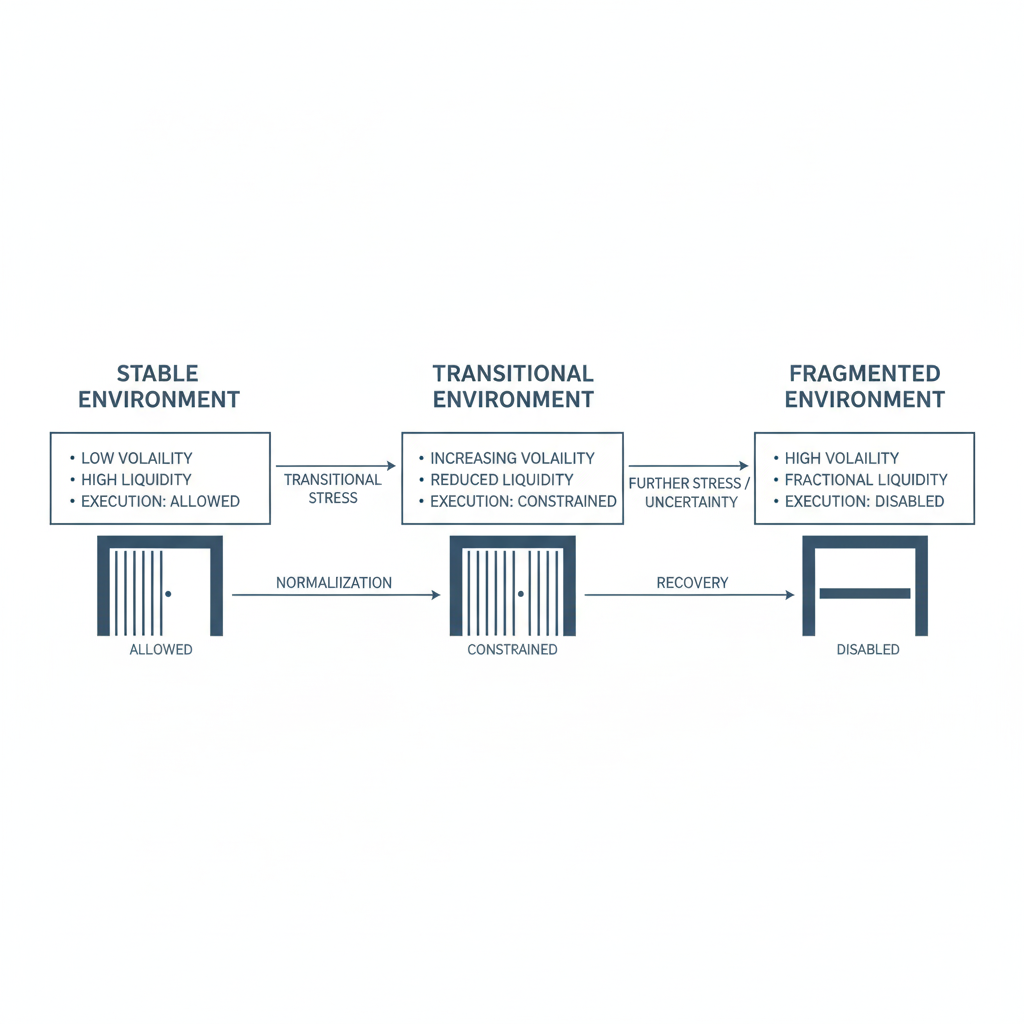 Environment-based trading regimes showing execution permission states in systematic trading infrastructure