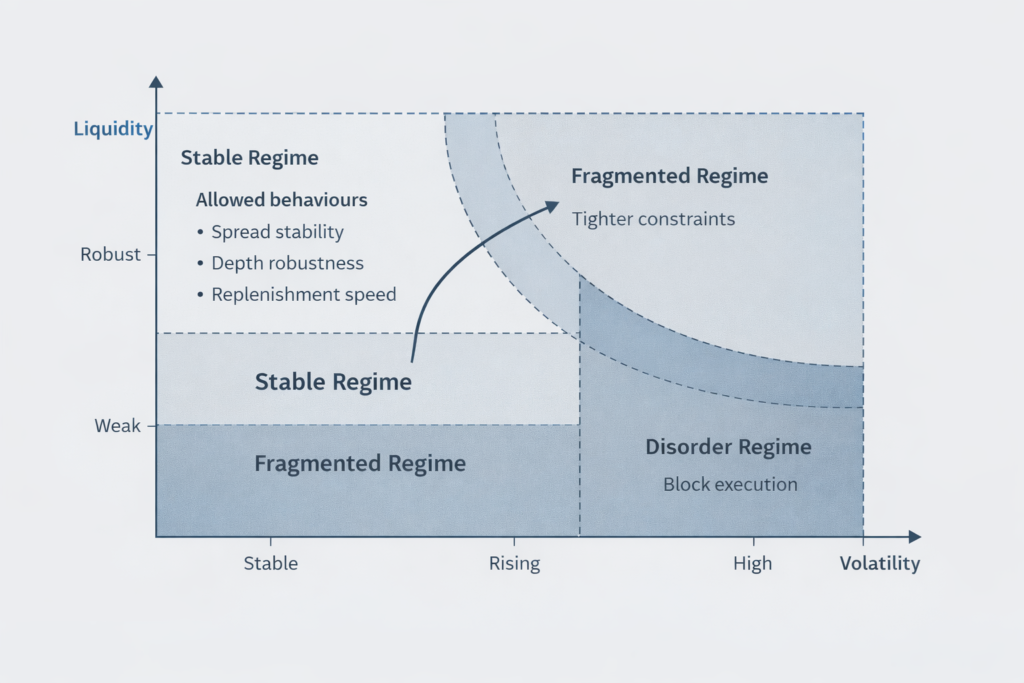 Downside upside framework mapping volatility regimes to liquidity behaviour and execution permission.