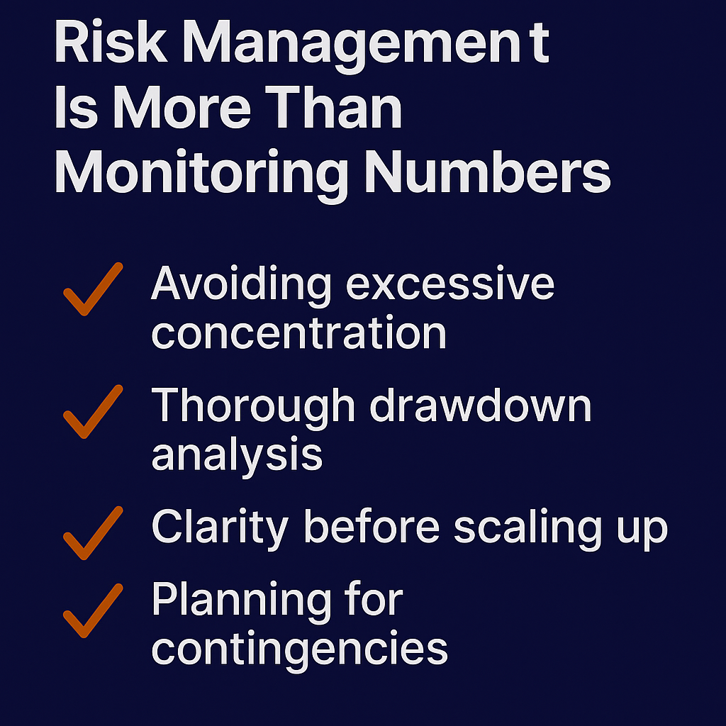 Dark navy infographic with the headline ‘Risk Management Is More Than Monitoring Numbers’, listing four principles: avoiding excessive concentration, thorough drawdown analysis, clarity before scaling up, and planning for contingencies, with a small Dovest logo.