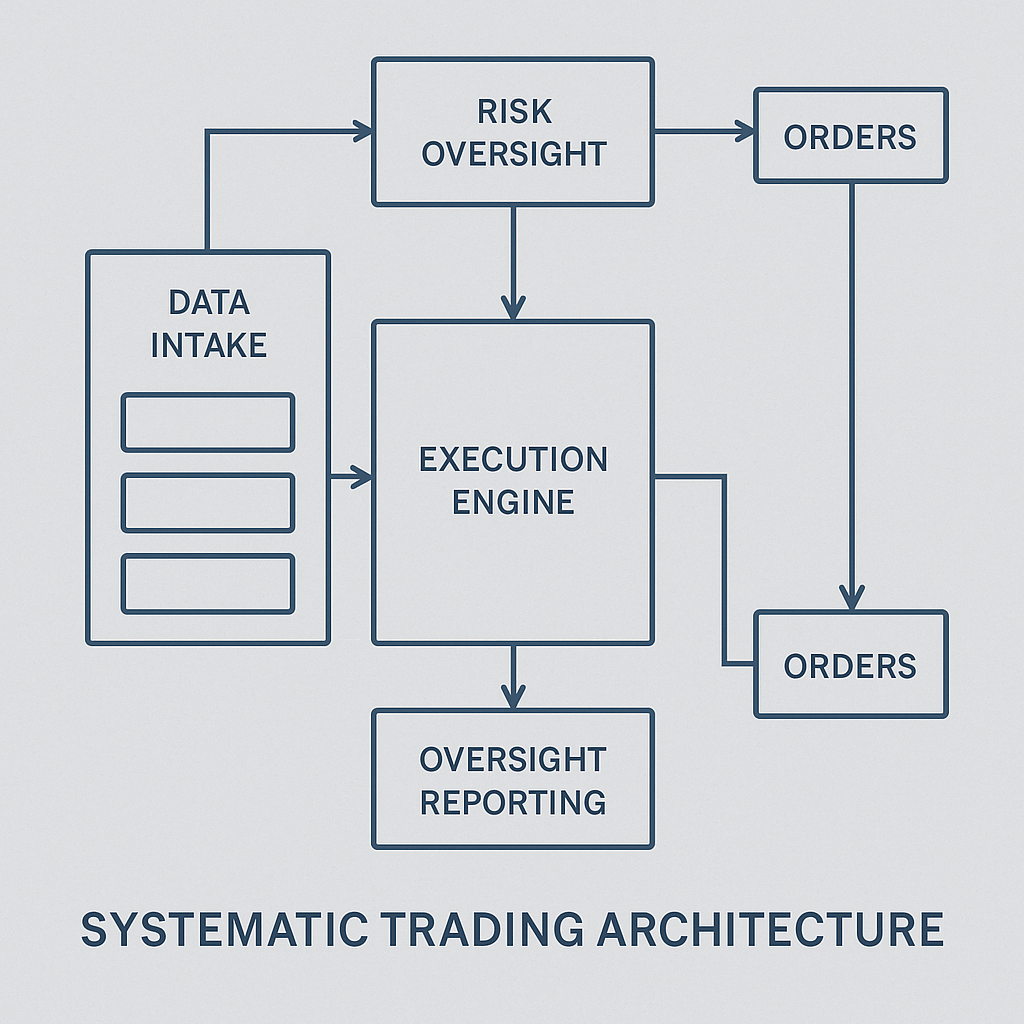 Systematic trading architecture diagram showing data intake, filtration layers, execution engine, and risk oversight flows.