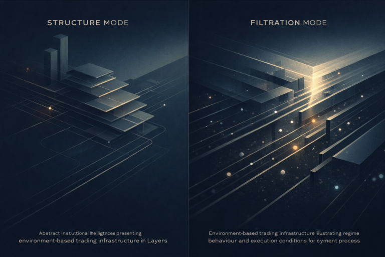 Environment-based trading framework illustrating regime behaviour and execution conditions.