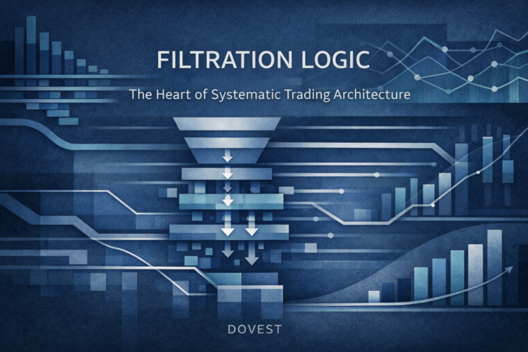 Filtration logic systematic trading architecture showing structural constraint gates and rejection pathways