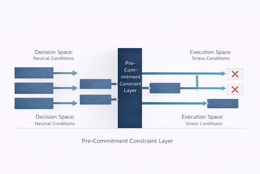 Pre-commitment rules architecture diagram showing constraint layer separating neutral and stress condition execution spaces