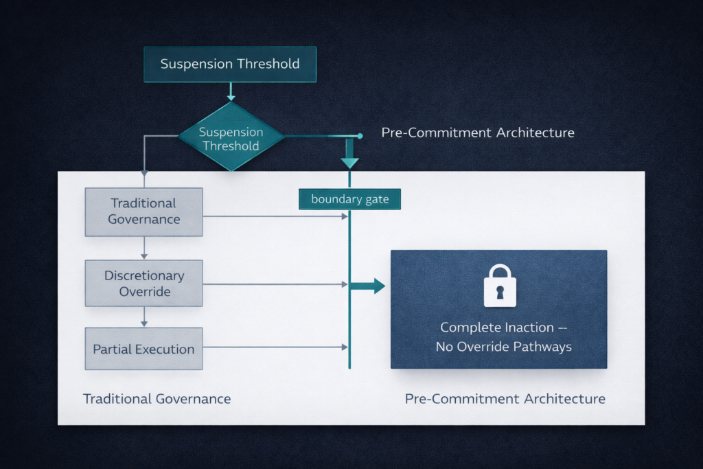 Pre-commitment rules suspension lock diagram comparing traditional governance with architectural constraint enforcement