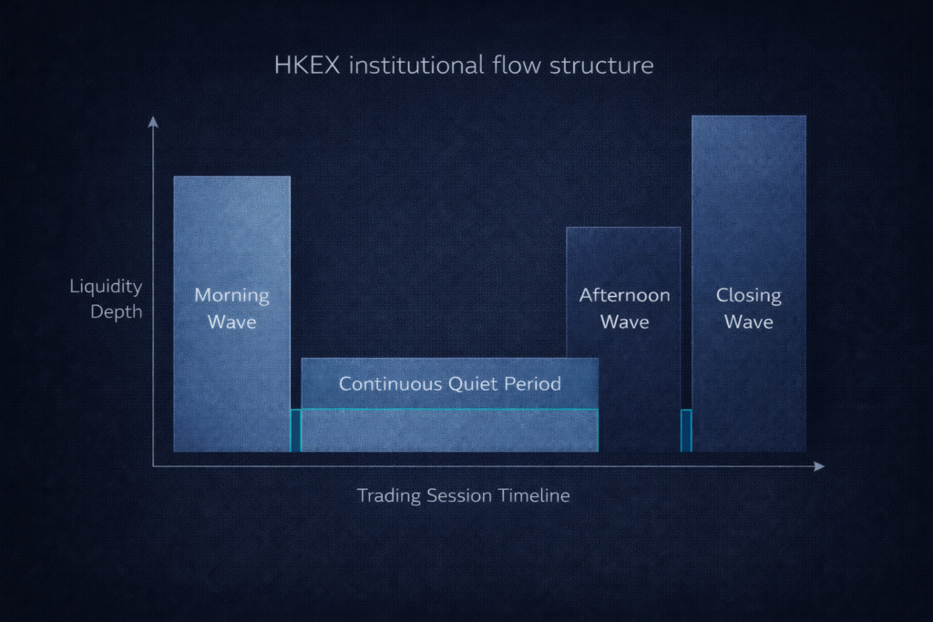 HKEX exchange behaviour showing institutional flow waves creating step-function liquidity patterns