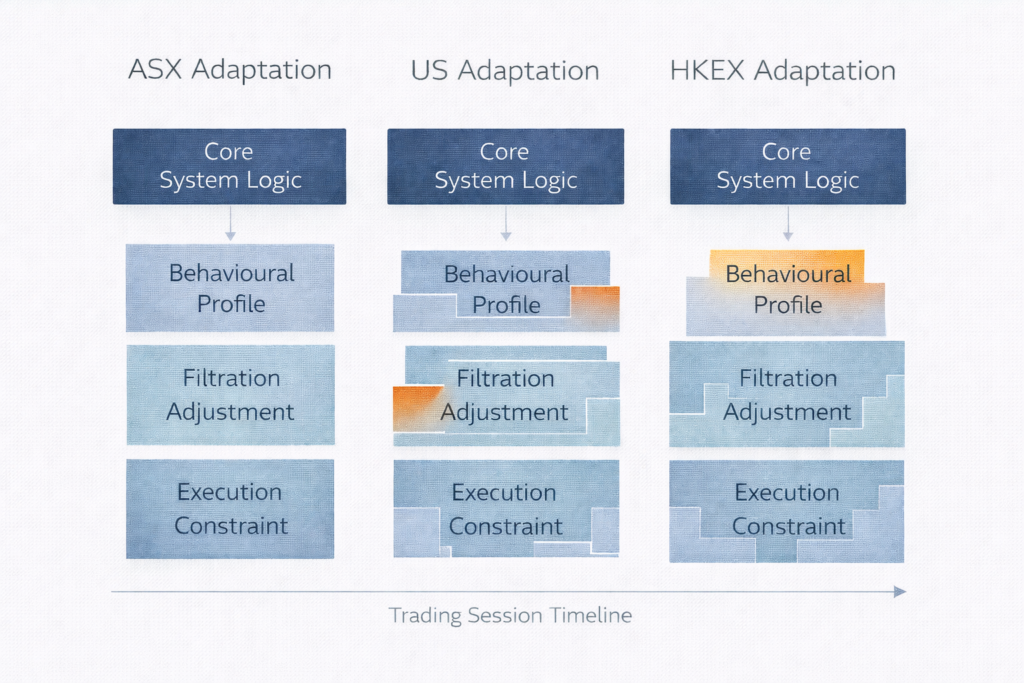 Exchange behaviour adaptation diagram showing systematic trading system adjusting to ASX US HKEX structural differences