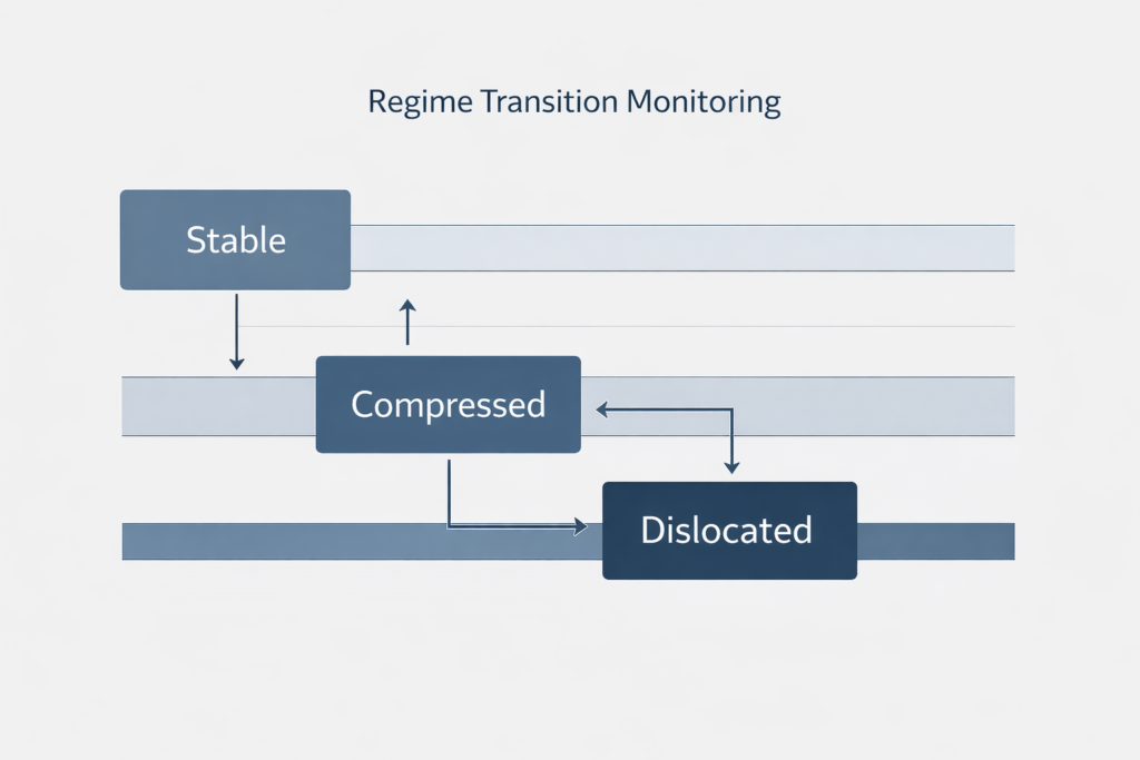Good systems regime transition diagram for systematic trading infrastructure monitoring