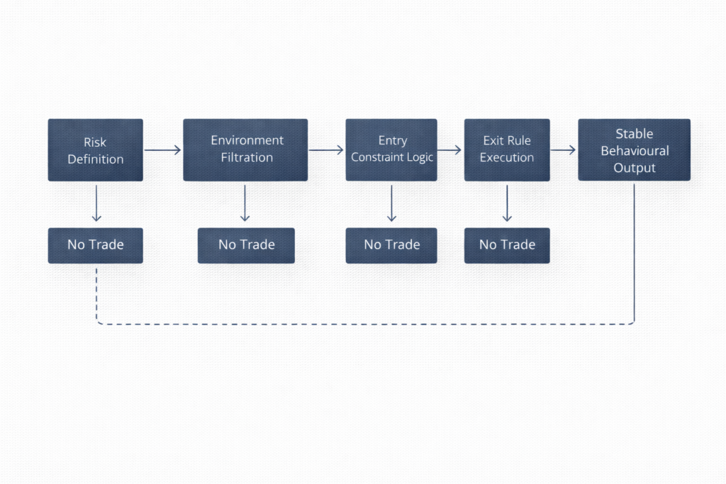 Technical diagram showing calm system output architecture with sequential constraint layers