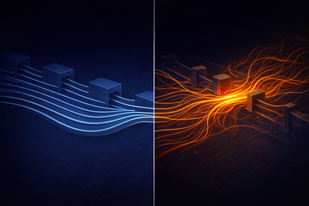 Side-by-side comparison of structured calm versus reactive instability in trading architecture