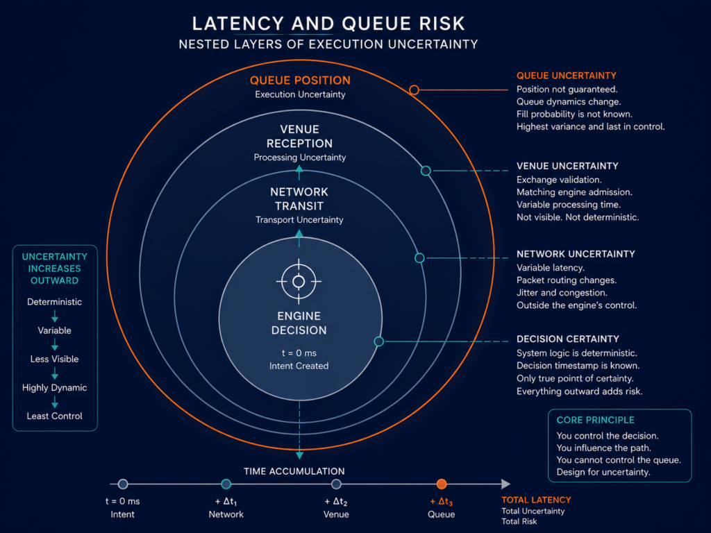 Latency and queue risk framework diagram showing nested execution layers from decision to queue position