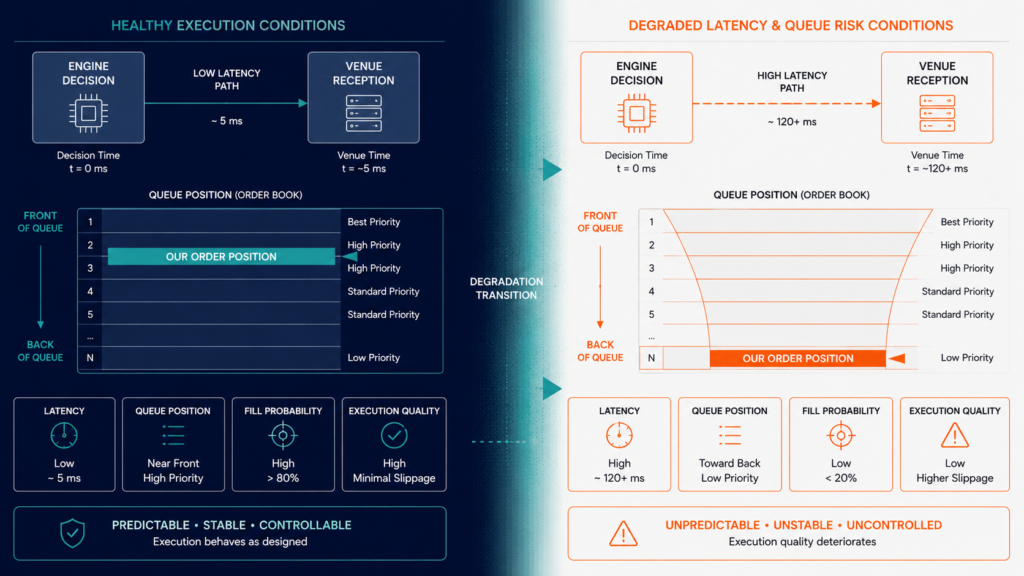 atency and queue risk contrast diagram showing healthy execution versus degraded queue position state
