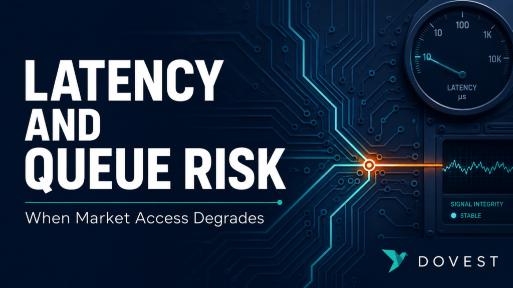 Latency and queue risk feature image showing circuit board pathways with Dovest institutional branding