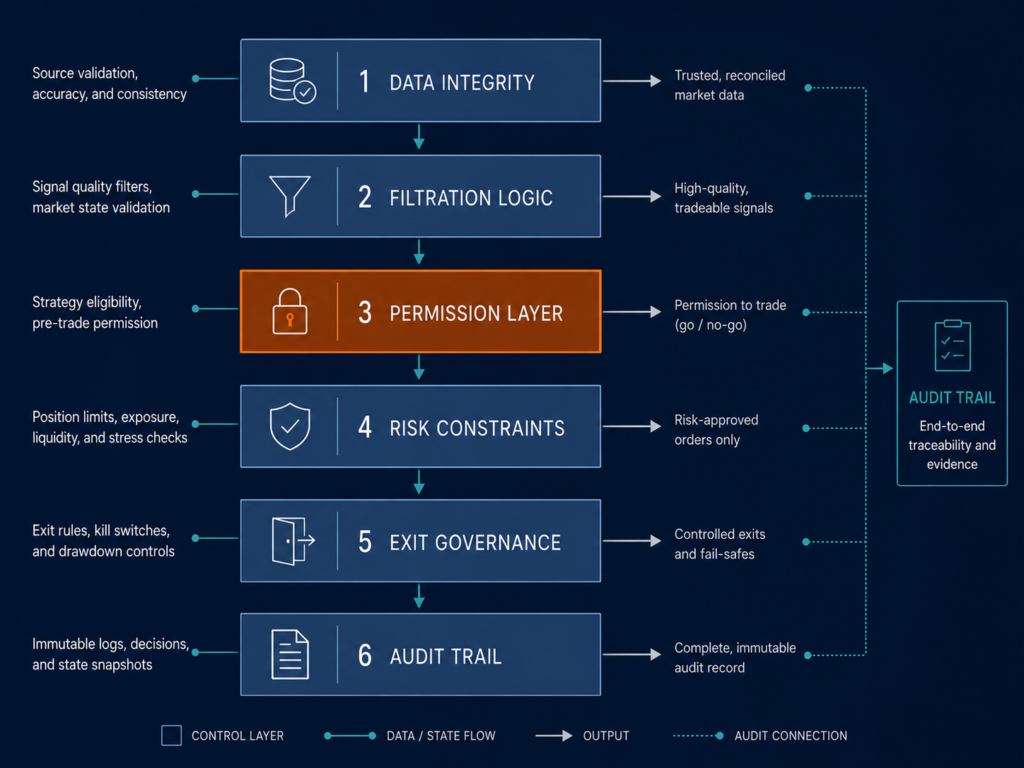Layered audit standards architecture diagram showing systematic trading infrastructure review layers from data integrity to audit trail