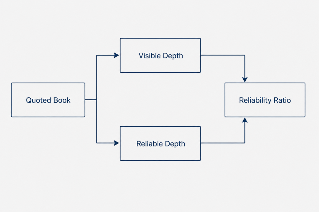 Diagram showing visible versus reliable depth behaviour pipeline in systematic trading infrastructure