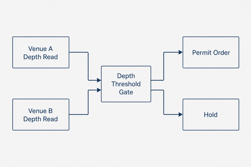 Schematic showing venue depth telemetry feeding a permission gate within systematic trading infrastructure