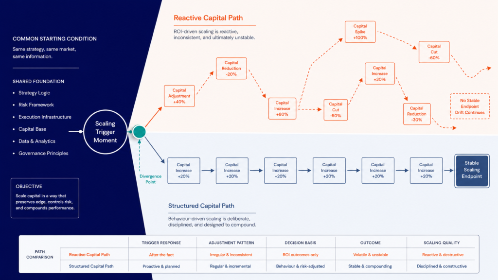 Forked path diagram contrasting reactive ROI-driven scaling against structured behaviour-driven scaling pathway