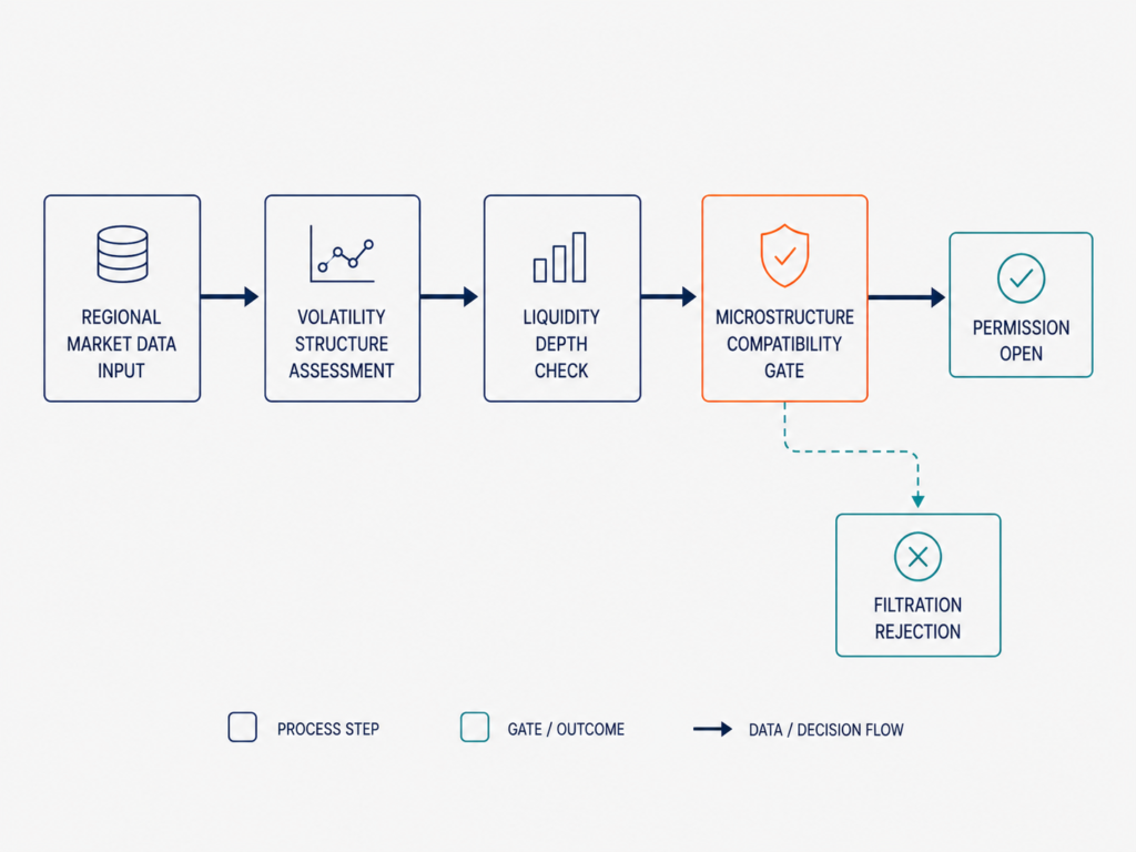 Regional regime detection pipeline diagram showing sequential
structural compatibility assessment from market input to execution permission in systematic
trading infrastructure