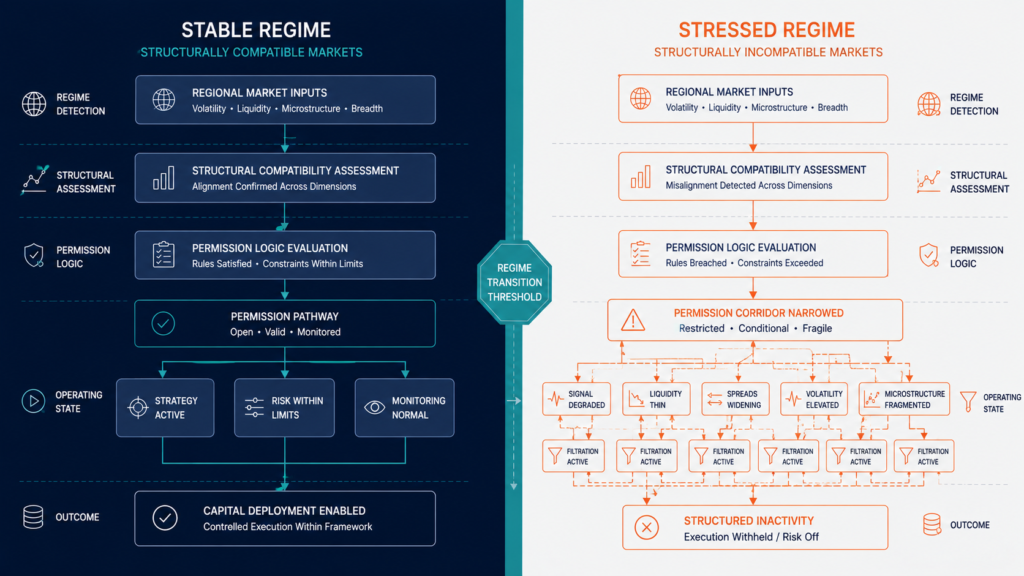 Contrast diagram showing stable vs stressed regional market regime
states with different permission pathway structures in systematic trading infrastructure