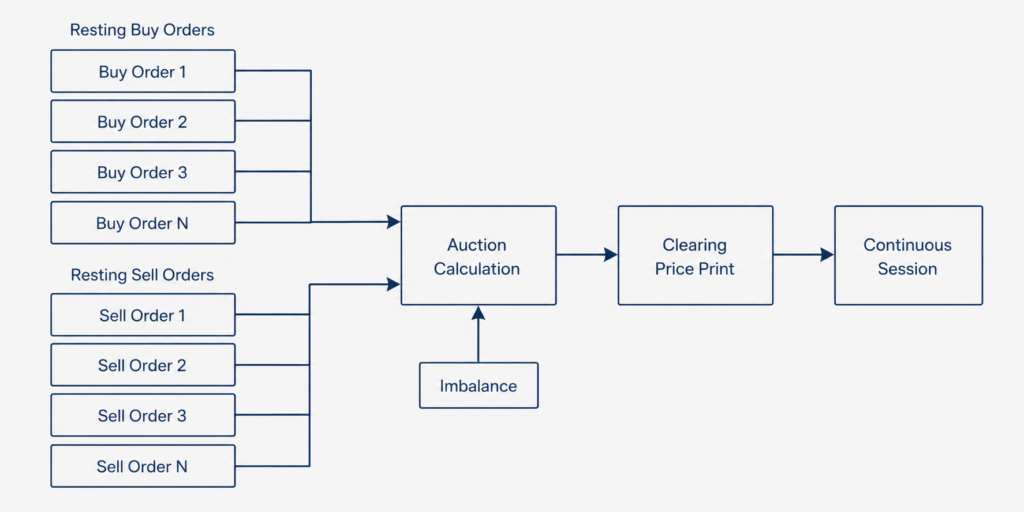 Diagram showing opening auction structure clearing resting orders into a single price in systematic trading infrastructure