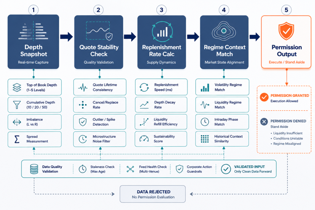 Liquidity assessment pipeline diagram showing sequential validation stages from depth check to permission output