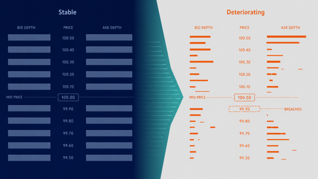 Liquidity deterioration contrast diagram showing stable order book versus compressed asymmetric book state