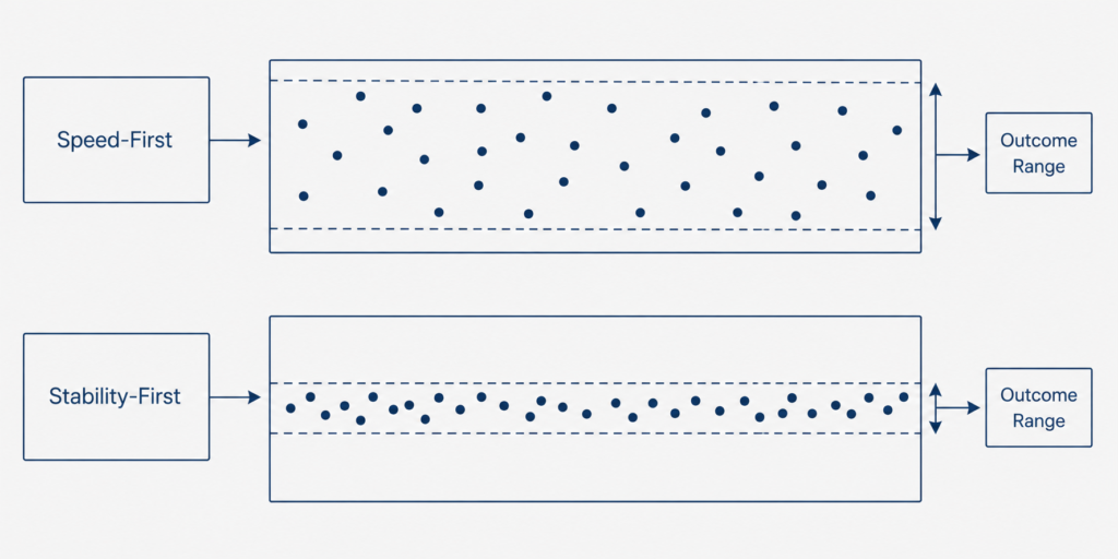Diagram comparing wide speed-first outcomes with narrow stability-first execution stability in systematic trading