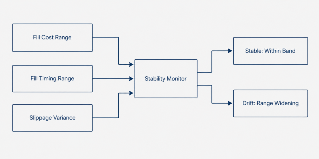 Diagram showing fill cost, timing, and slippage variance feeding an execution stability monitor in systematic trading