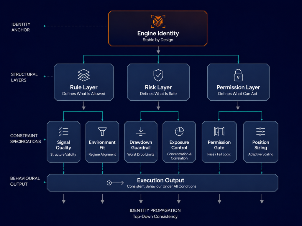 Behavioural invariance framework diagram showing engine identity propagating through rule, risk, and permission layers