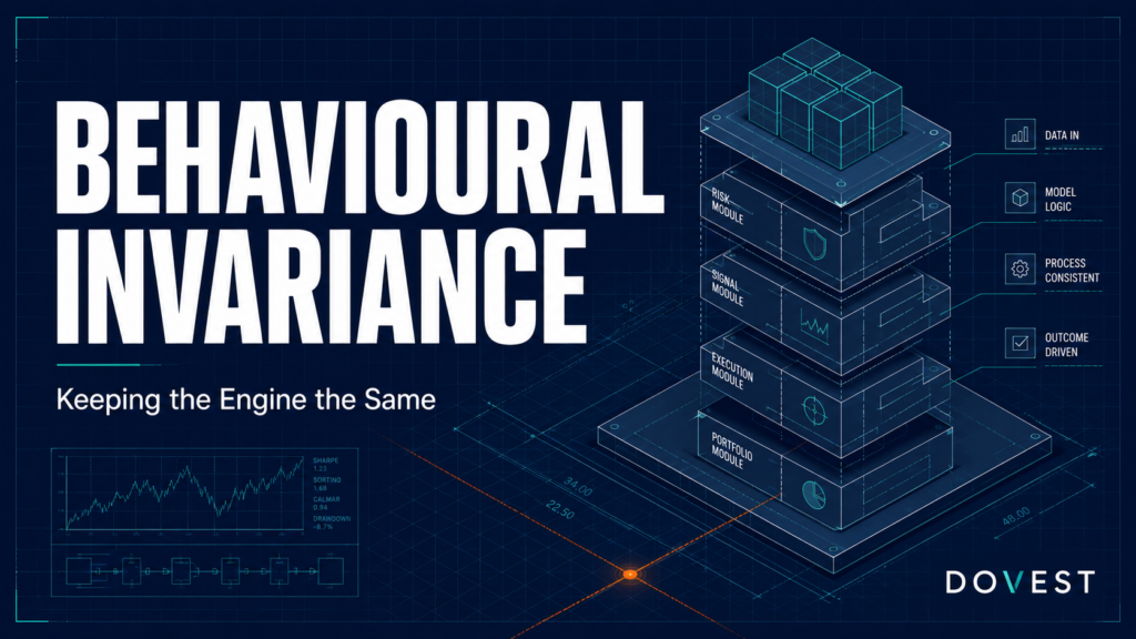 Behavioural invariance feature image showing blueprint grid with isometric engineering schematic and Dovest branding