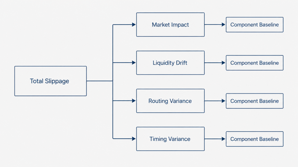 Diagram showing slippage attribution components decomposed into market impact, liquidity drift, routing, and timing variance