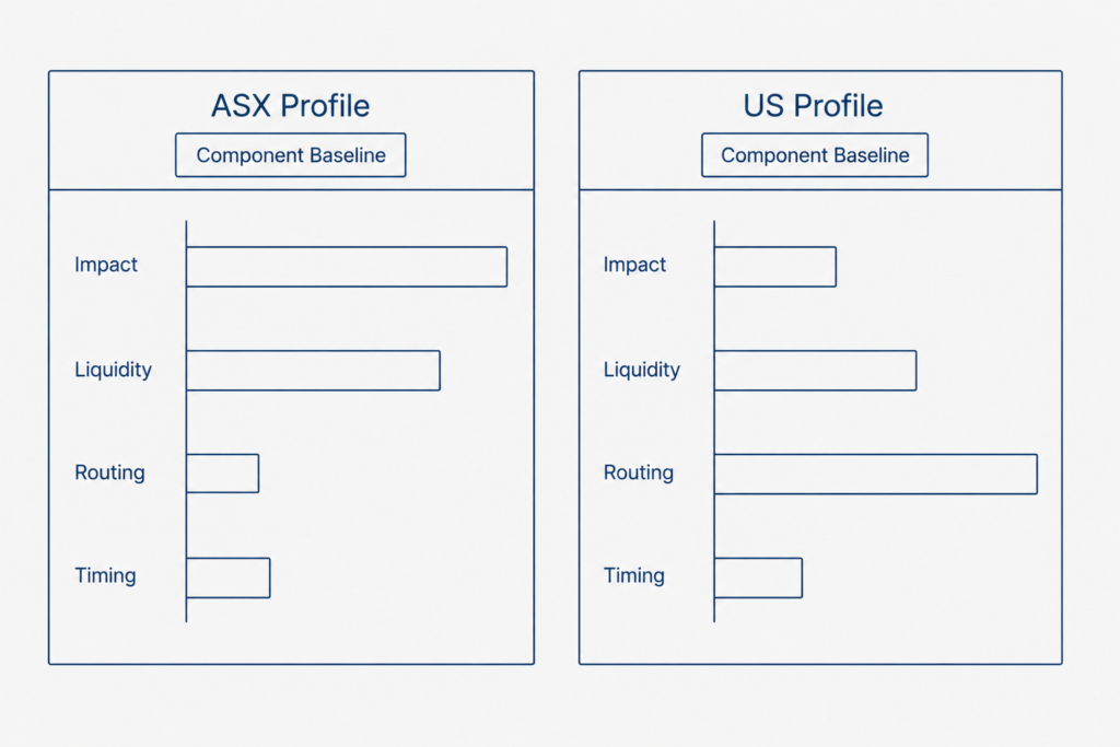 Diagram comparing per-venue slippage attribution baselines across ASX and US profiles in systematic trading infrastructure